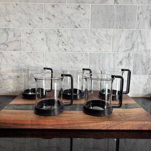 Vintage Set of 4 + 1 Creamer Bodum Black Handle Bistro Glass Coffee Tea Cup Mugs
